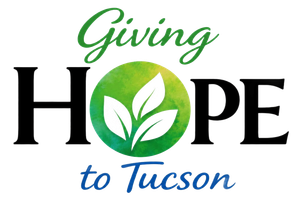 Giving Hope to Tucson logo with green leaf in the letter O and blue-green text