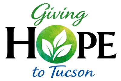 Giving Hope to Tucson logo with green leaf in the letter O and blue-green text