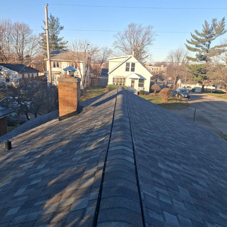 A gray asphalt shingle roof with a brick chimney, overlooking a street and houses on a sunny day.