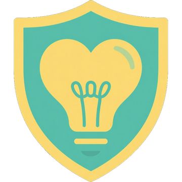Illustration of a shield with a heart and lightbulb, representing care and awareness