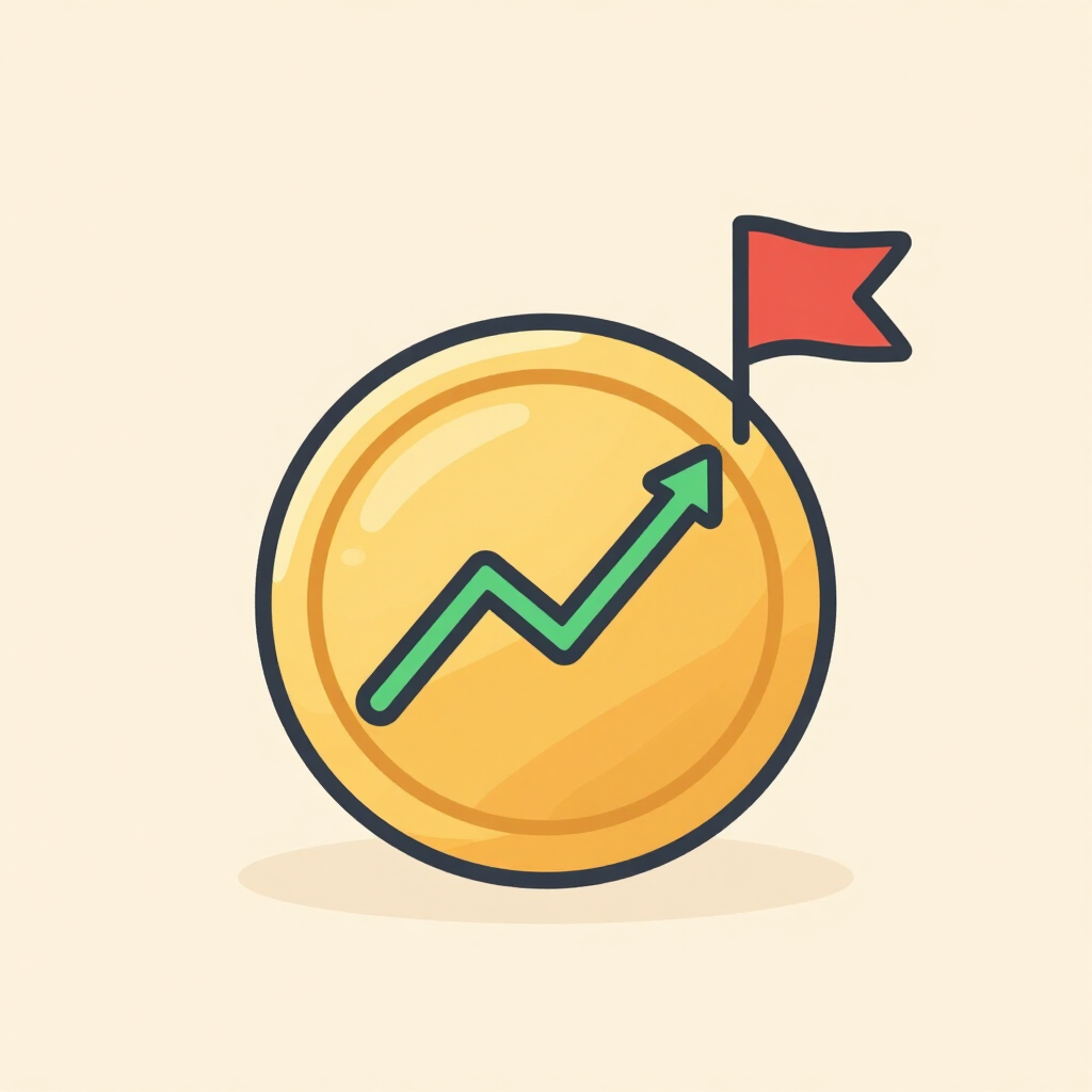 Illustration of a coin with a growth chart and a caution flag