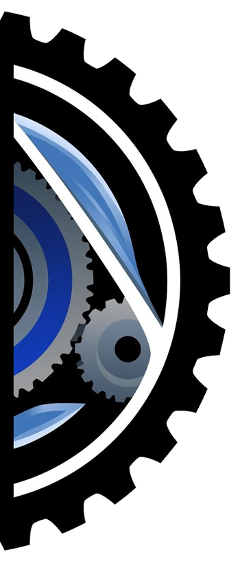 Half-gear logo with inner gears in blue, grey, and white.