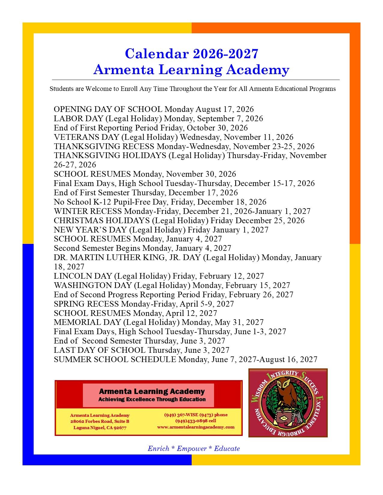 2018-2019 Calendar — Armenta Learning Academy in Laguna Niguel, CA 2018-2019 Calendar — Armenta Learning Academy in Laguna Niguel, CA