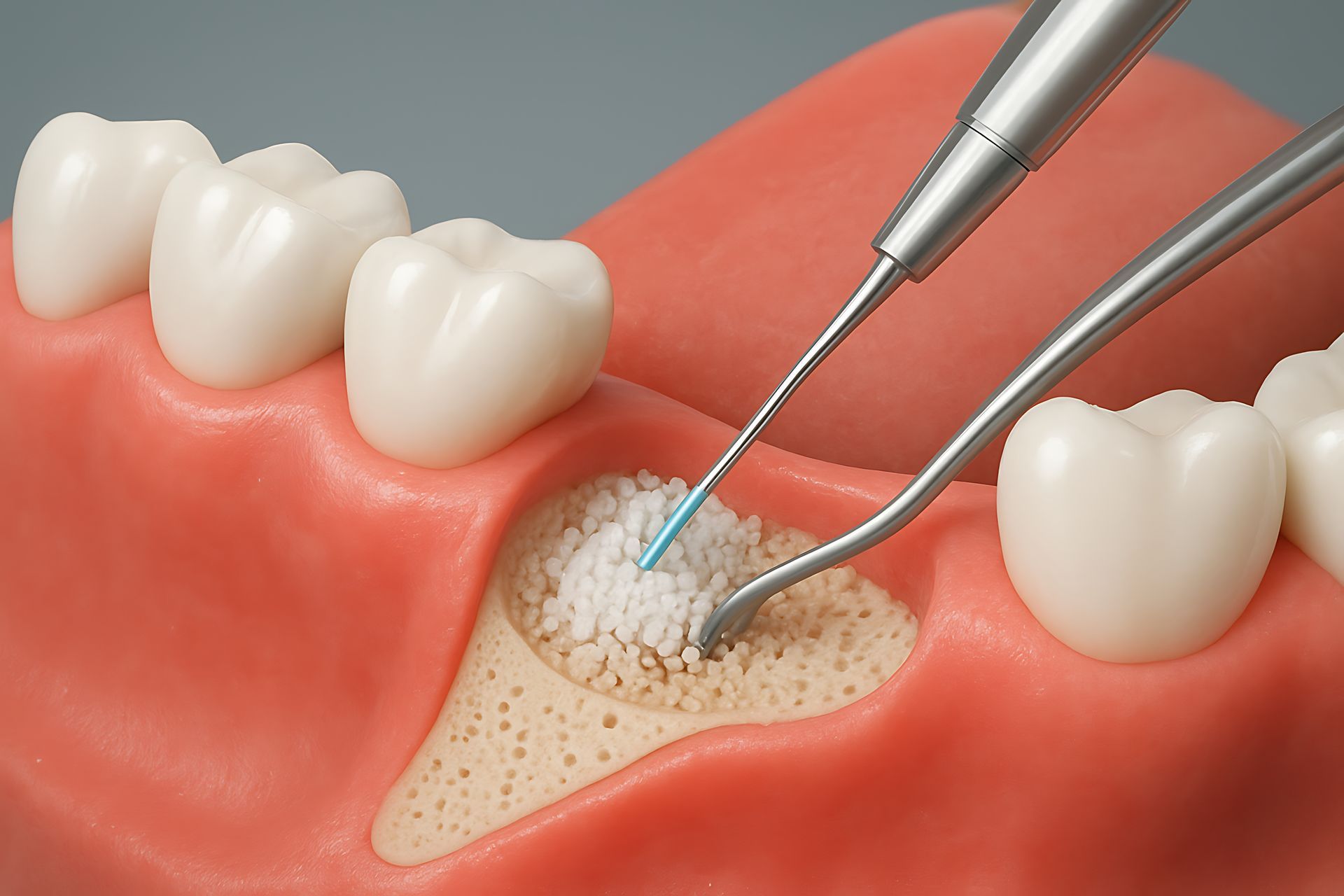 Dental tools cleaning a cavity in a tooth with surrounding gums visible
