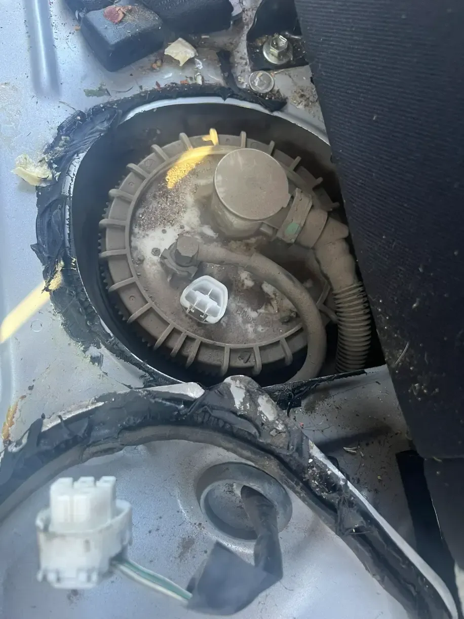 Open car floor panel exposing a dusty fuel pump and wiring assembly