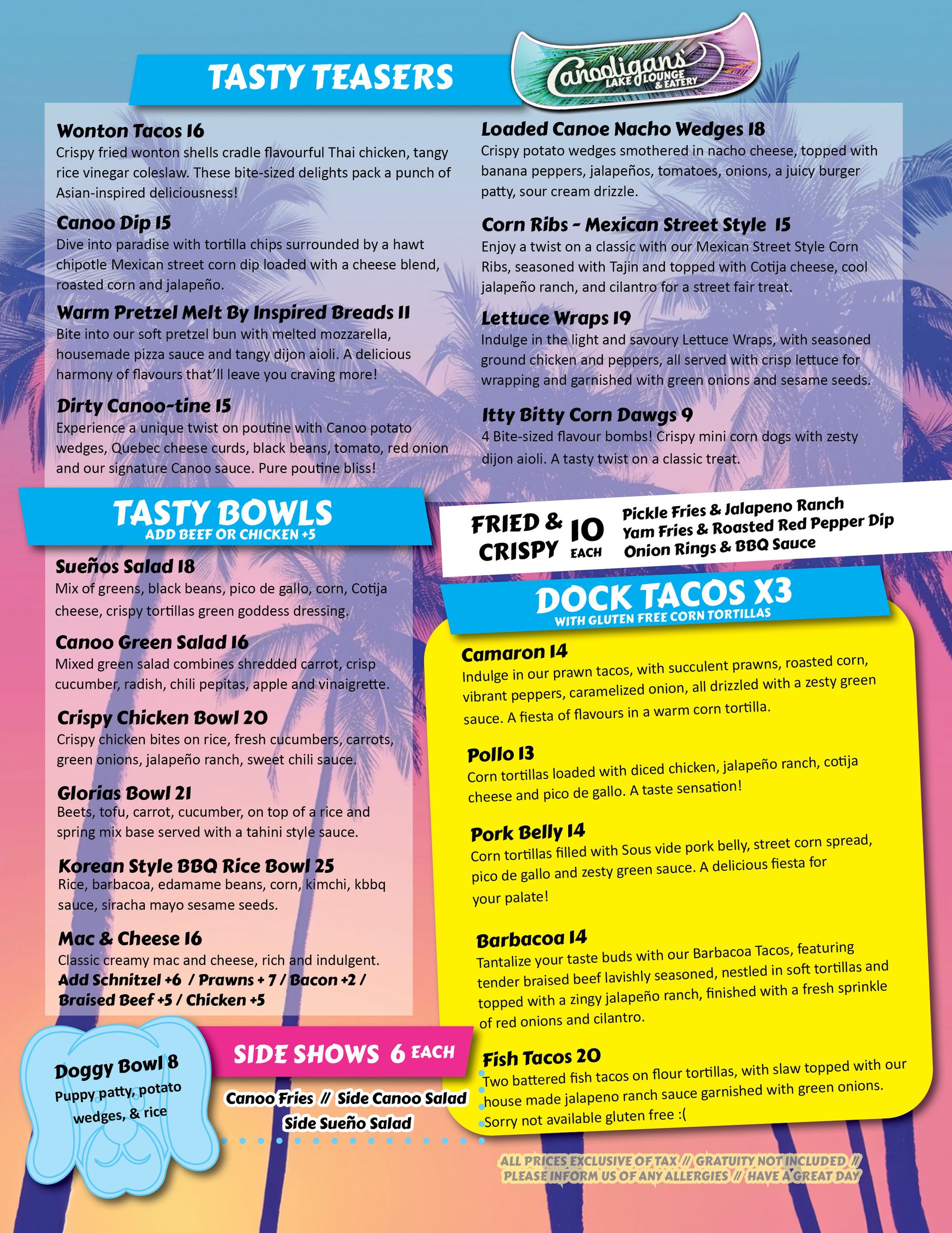 Menu at Canooligans' Lake Lounge