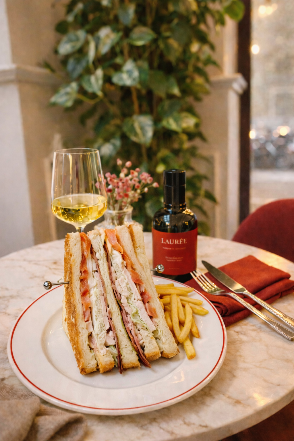 Un club sandwich servito con patatine fritte su un piatto, accompagnato da un bicchiere di vino bianco e una bottiglia su un tavolo di marmo.