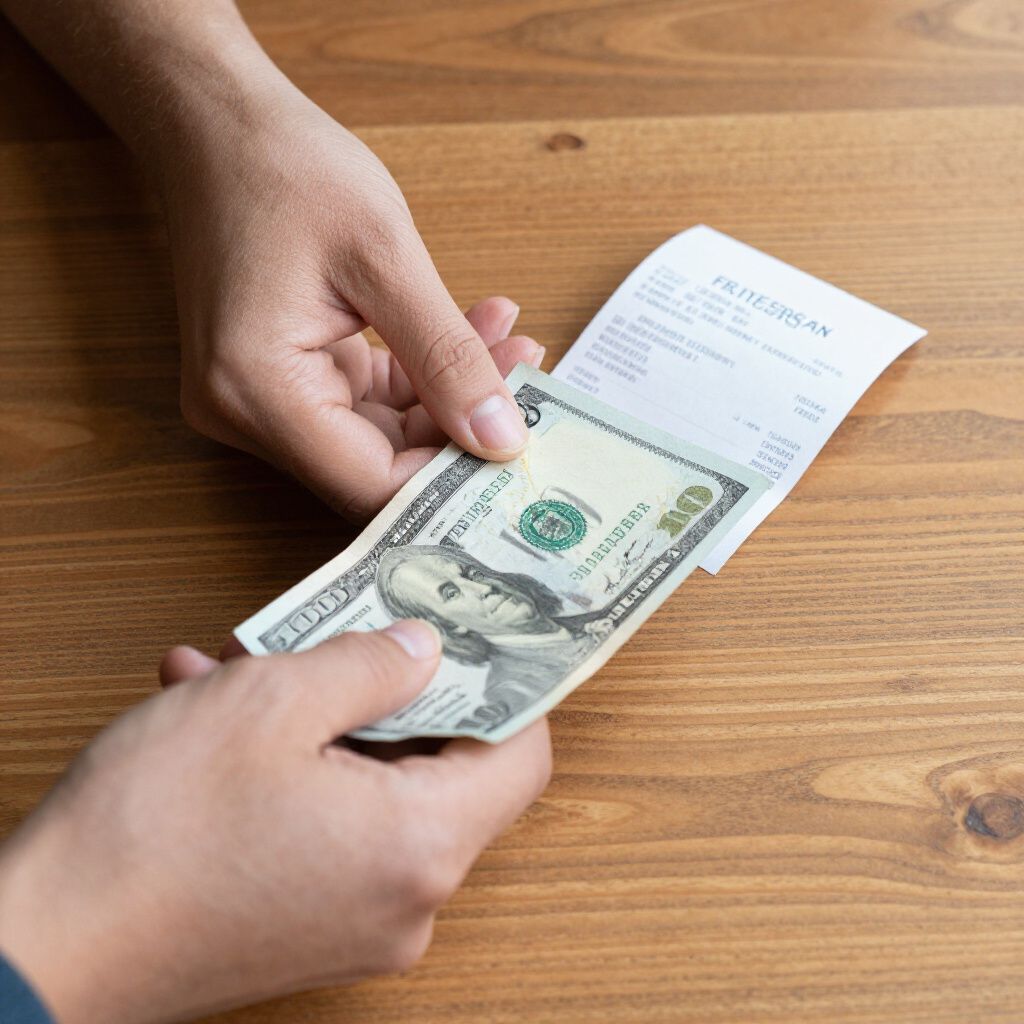 Hands passing a $100 bill with a receipt on a wooden table.