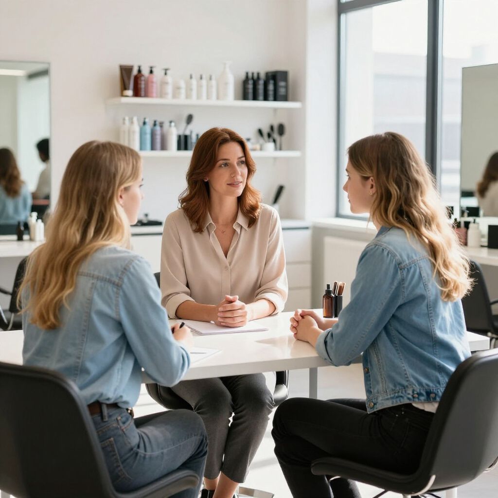 Three women seated at a table in a salon, engaged in a discussion.