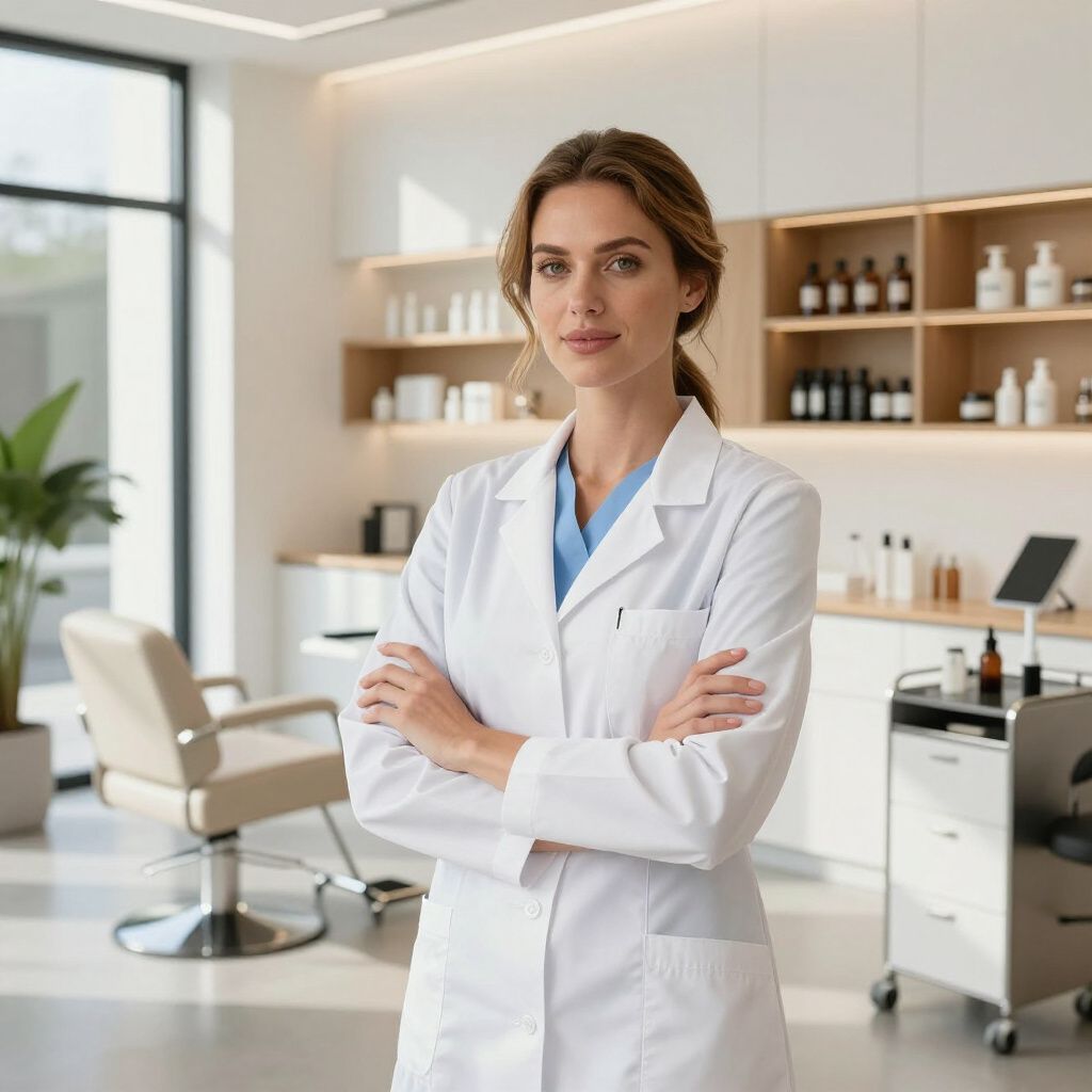Woman in white coat with arms crossed in a beauty salon.