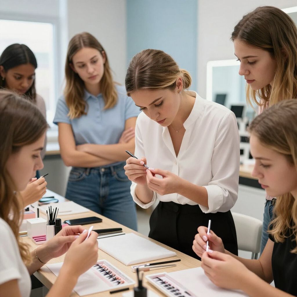 Instructor showing makeup application to students at a table. Workshop setting with makeup supplies.