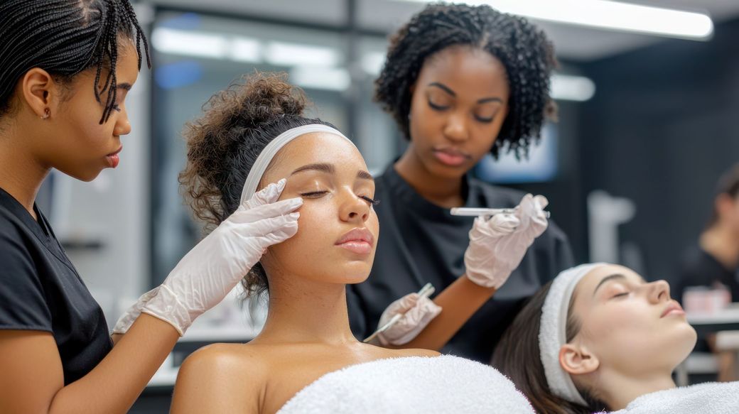 Three people in a spa setting; two receive facial treatments while a third observes with tools.