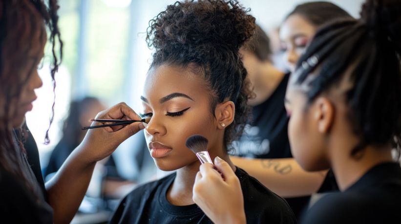 Makeup artist applying makeup to another woman's face, indoor setting.