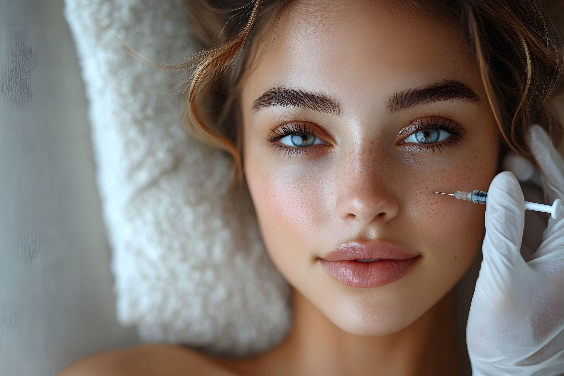 Woman receiving cosmetic facial injection.