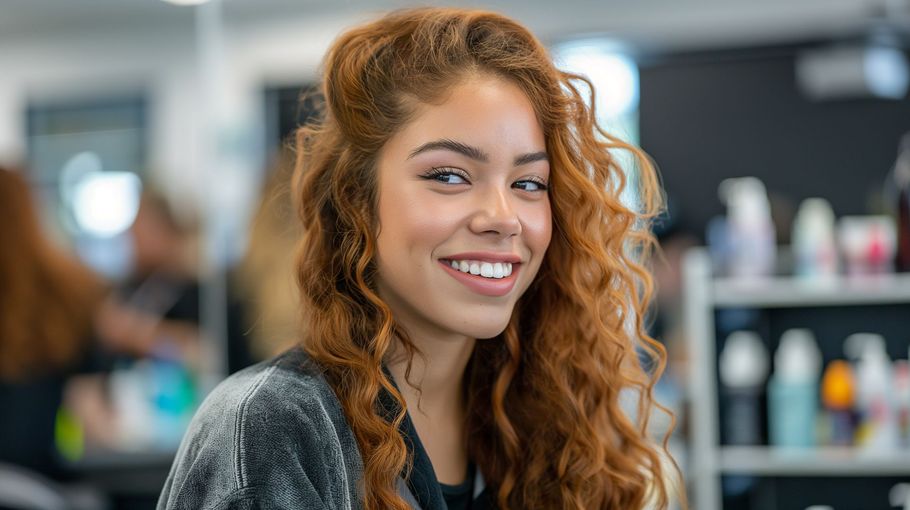 Woman with curly red hair smiles in a salon, bottles in background.