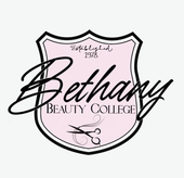 Logo for Bethany Beauty College, pink shield with black outline and cursive text. Scissors at the bottom.