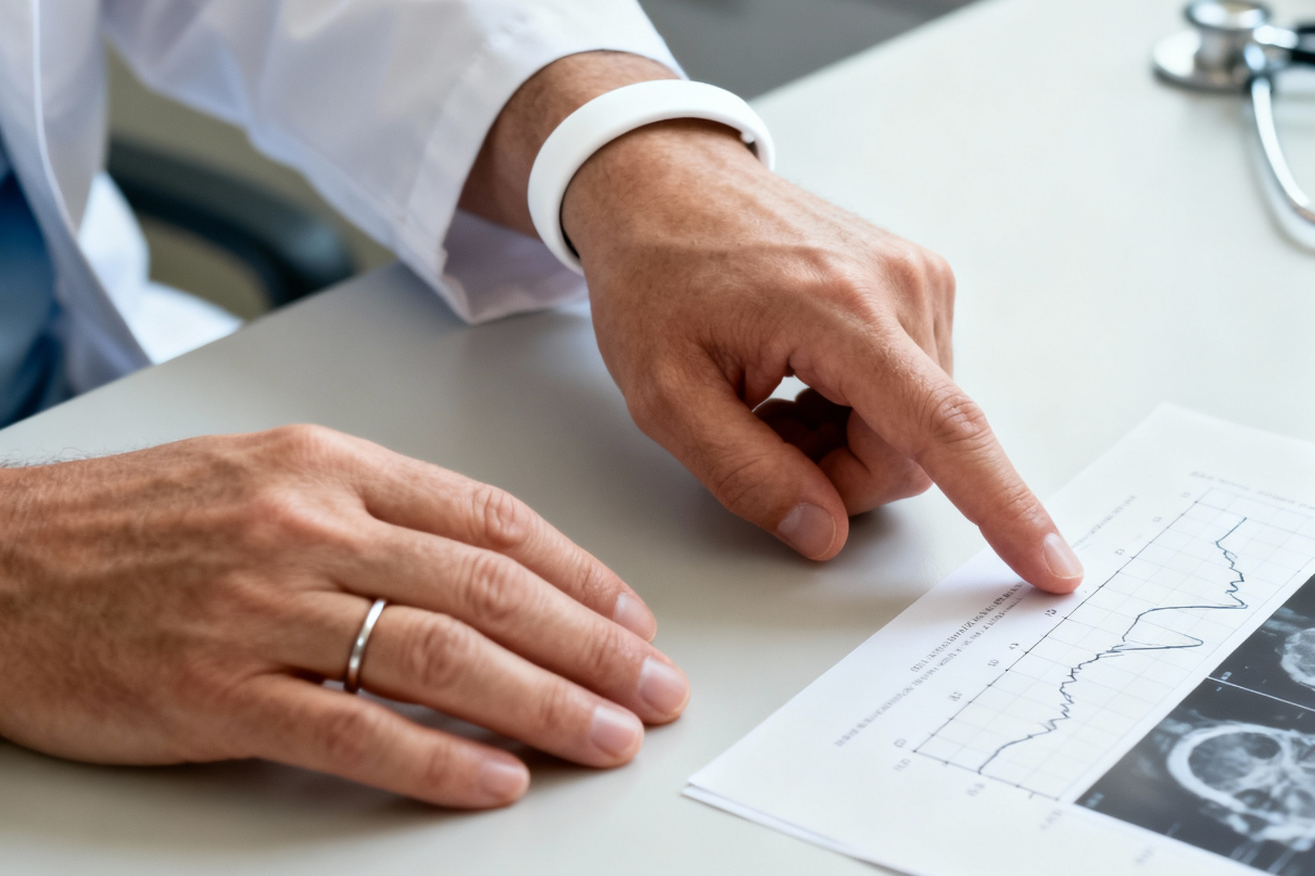 Doctor pointing to a medical chart with brain scan images, stethoscope on desk.