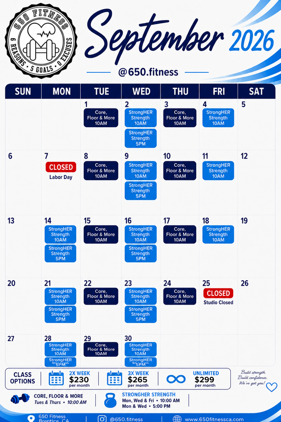 August 2026 fitness class calendar with red and blue workout blocks on a white background