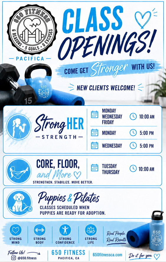 Gym class openings flyer with blue-and-white schedule for StrongHER, core, and restore classes