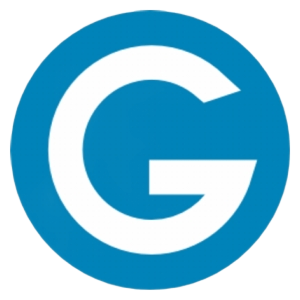 Blue and white circular logo with a stylized letter G