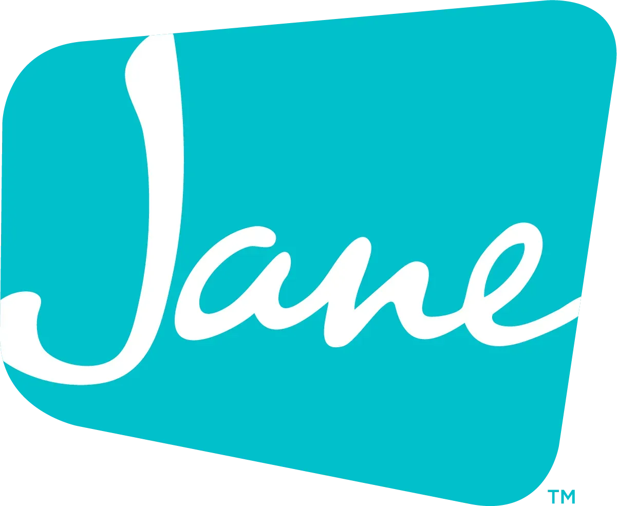 Turquoise Jane logo with white script on a rounded rectangular background