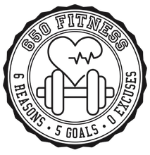 650 Fitness circular logo with dumbbells, heart and heartbeat line, &ldquo;6 reasons. 5 goals. 0 excuses.&rdquo;