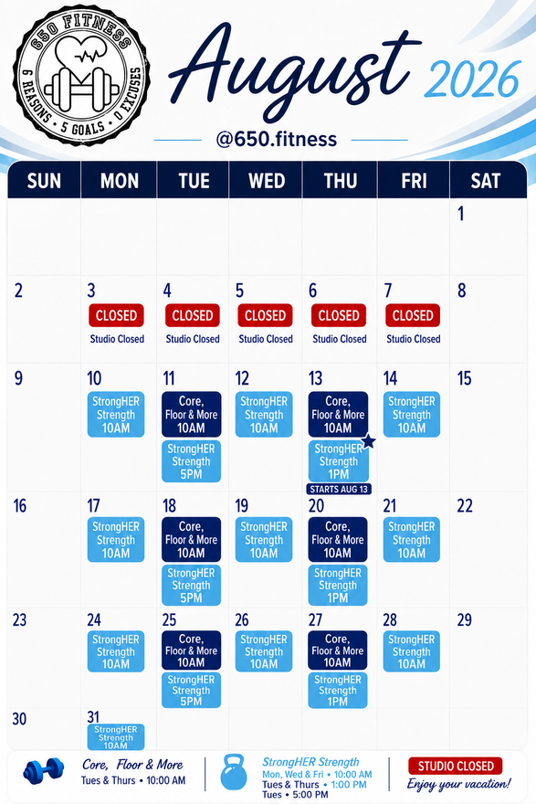 August 2026 fitness class calendar with red and blue workout blocks on a white background