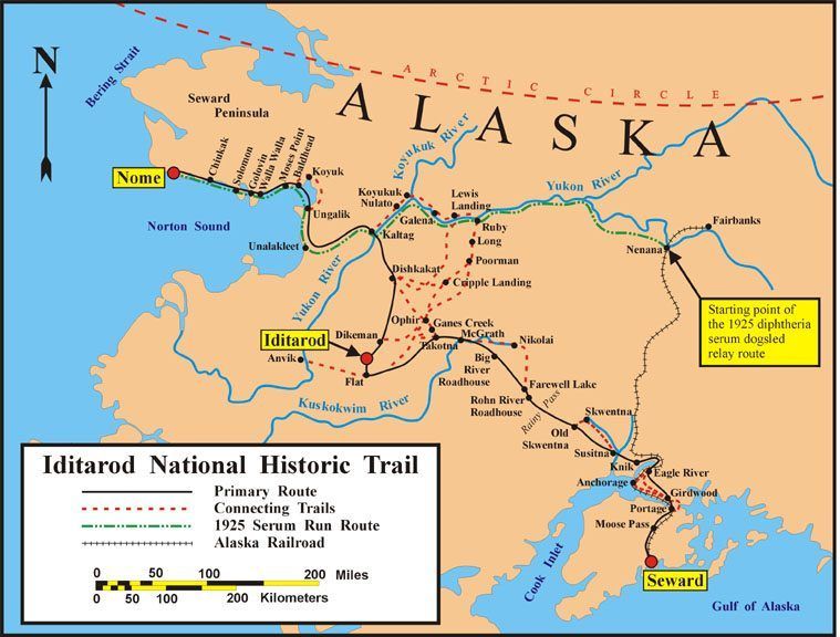 Map of the historical Iditarod Trail and the current Iditarod National Historic Trail in Alaska, USA