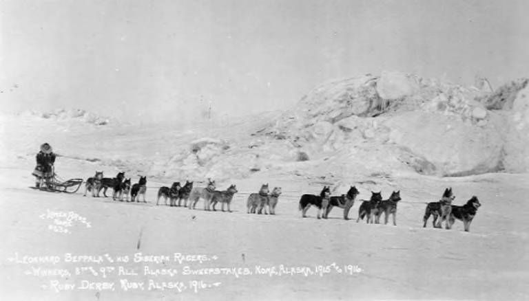 Leonhard Seppala and his winning dogsled team during 9th All-Alaska Sweepstakes dogsled race, Ruby, Alaska, 1916. Source: Alaska, Western Canada and United States Collection