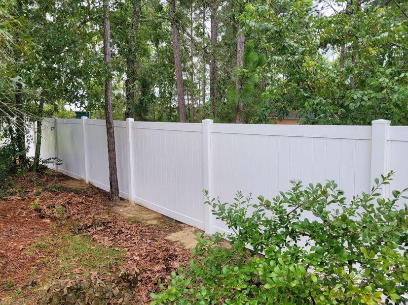 White privacy fence along a wooded backyard with green trees and ground cover