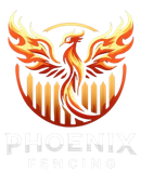Orange phoenix with flaming wings above &ldquo;Phoenix Fencing&rdquo; text logo
