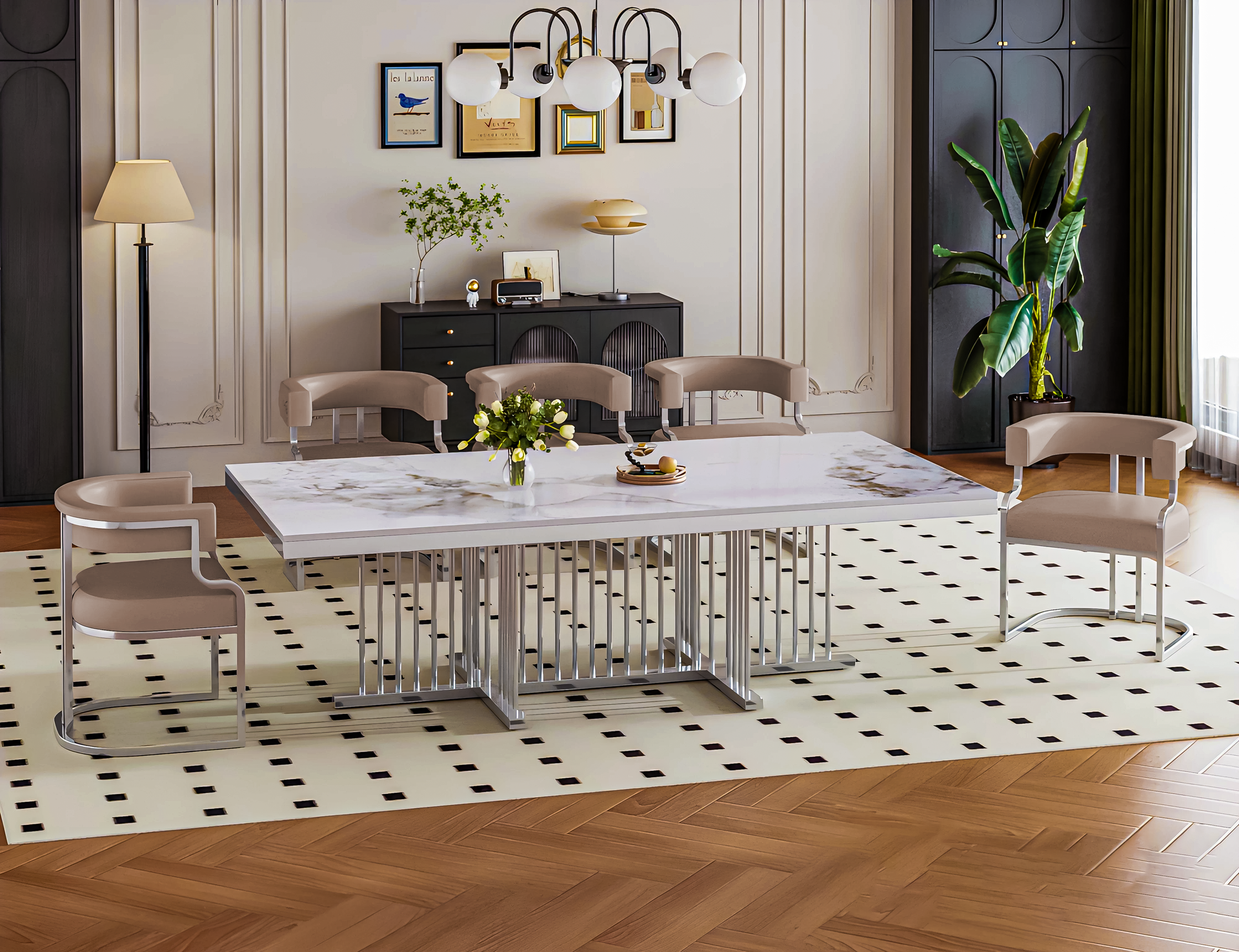 A dining room with a marble table and chairs
