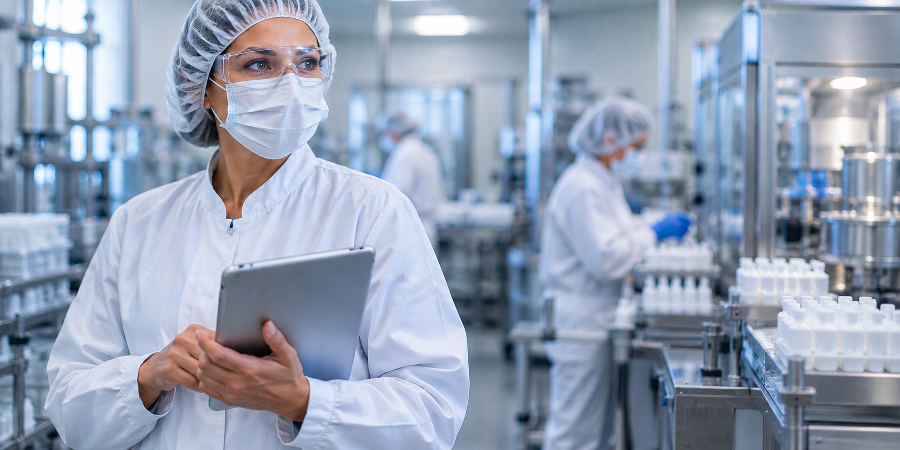 Pharmacy operations leader inside a modern 503B compounding and pharmaceutical production facility.