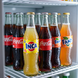 Varias botellas de refrescos en un estante del refrigerador, incluyendo Coca-Cola, Inca y Fanta.