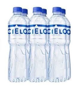 Seis botellas de agua de plástico transparente con tapones y etiquetas azules, agrupadas en dos filas sobre un fondo blanco.