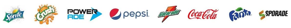Una hilera de coloridos logotipos de marcas, entre ellas Pepsi, Coca-Cola, Sprite y 7UP, sobre un fondo blanco.