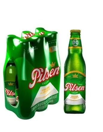 Paquete de seis botellas y botella individual de cerveza Green Pilsen sobre fondo blanco.