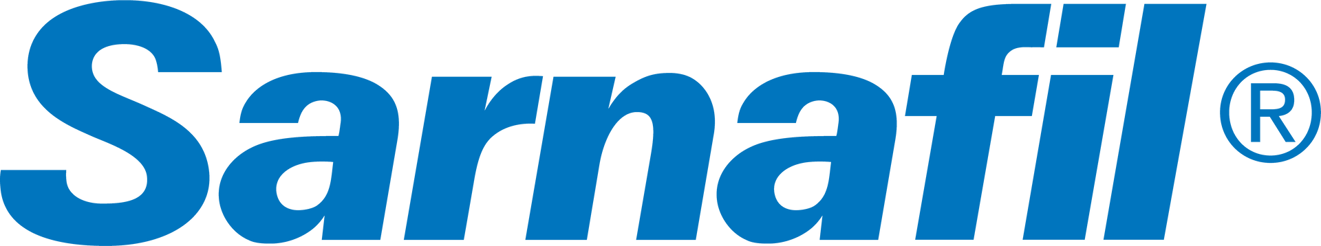 A blue logo for sarnafil on a white background