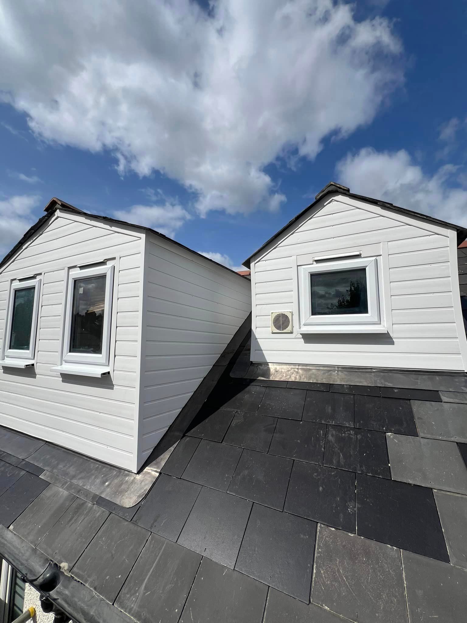 Two white houses are sitting on top of a black tiled roof.