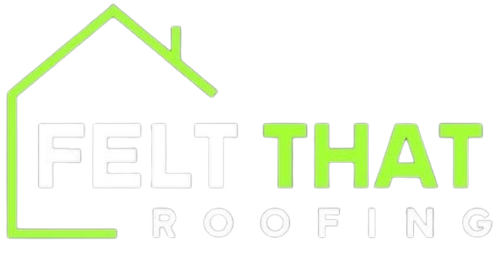 A logo for felt that roofing with a green house on a white background.