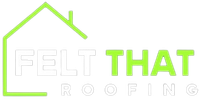 A logo for felt that roofing with a green house on a white background.