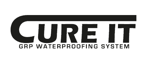 The logo for cure it grp waterproofing system is black and white.