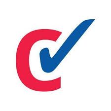 A red , white and blue check mark in the shape of a letter c.