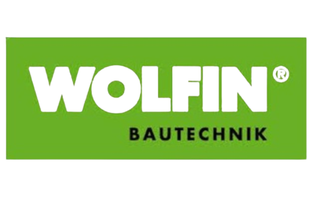 A green and white logo for wolfin bautechnik