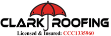 Logo for Clark Roofing featuring a red umbrella icon above the black text, including license number CCC1335960.