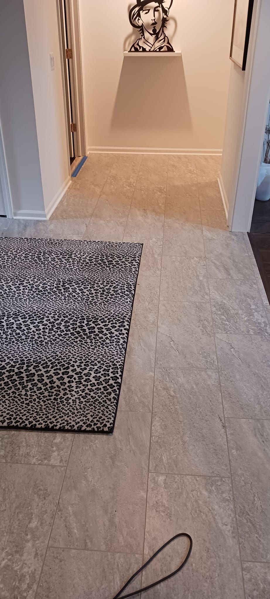 A carpeted hallway leads to a recessed nook with a shelf holding a decorative black-and-white patterned object.