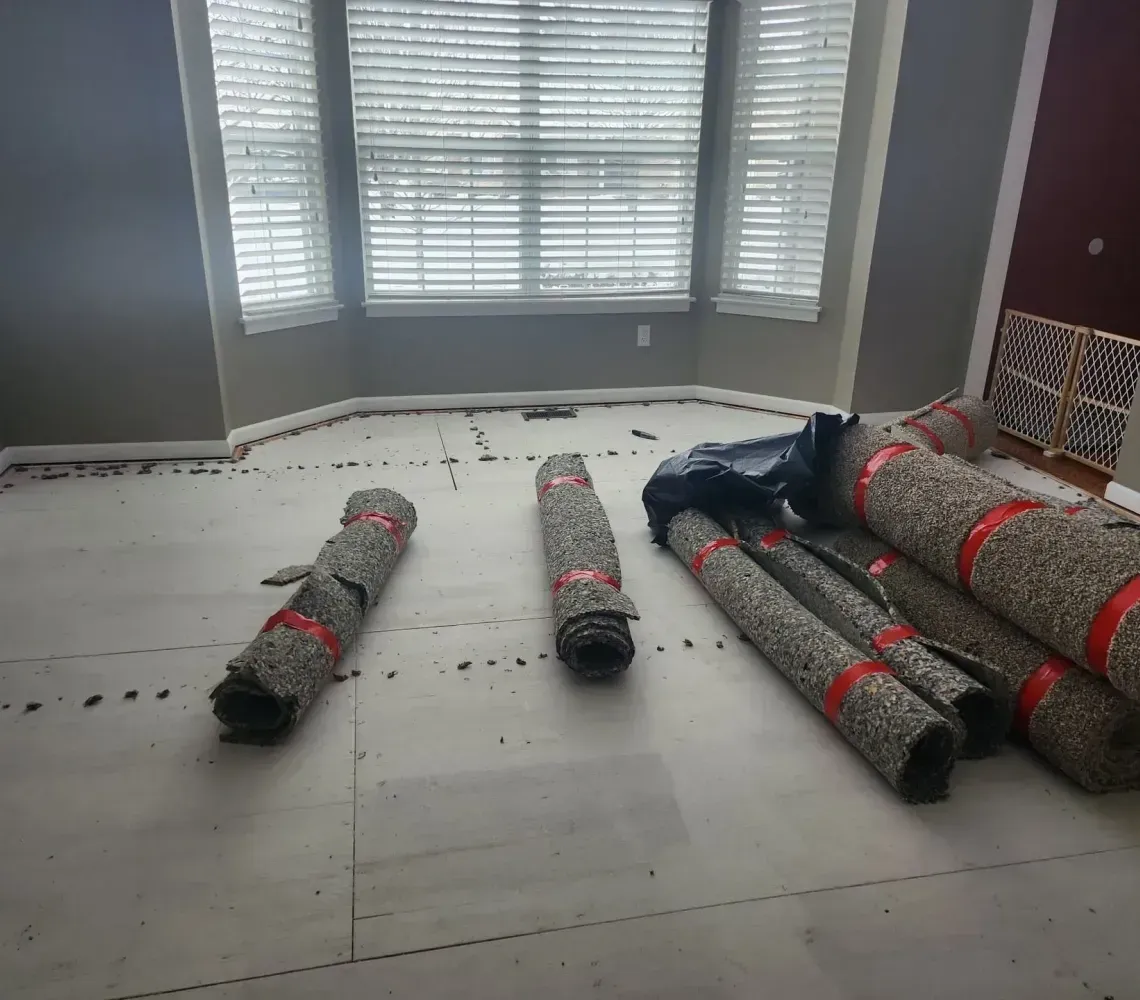 Rolled-up carpets on a grey floor in a room with a large bay window and white blinds.