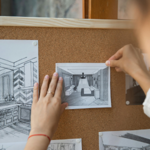 A person pins architectural design sketches onto a cork board.