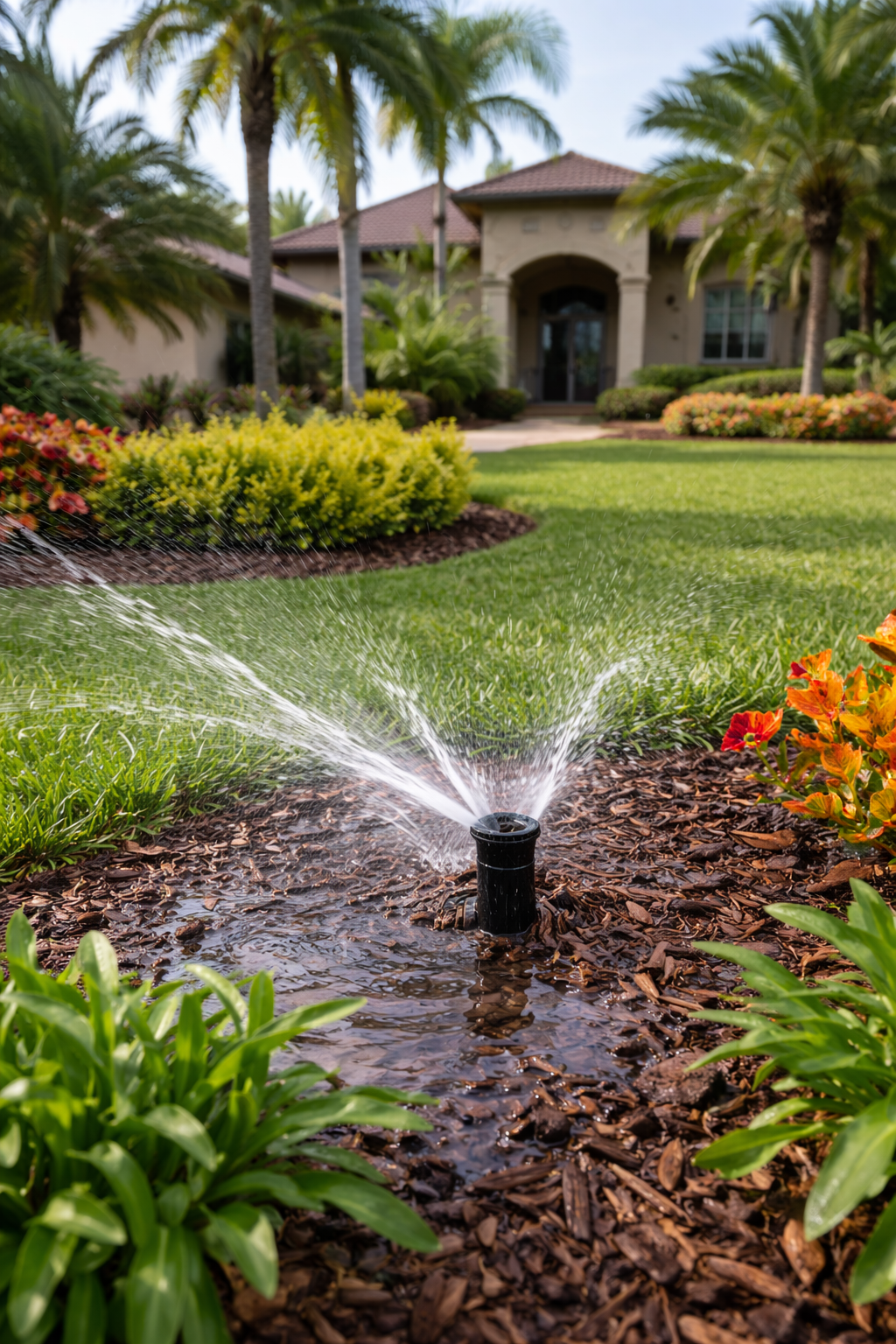 Sprinkler watering a lush front lawn with palm trees and a house in the background
