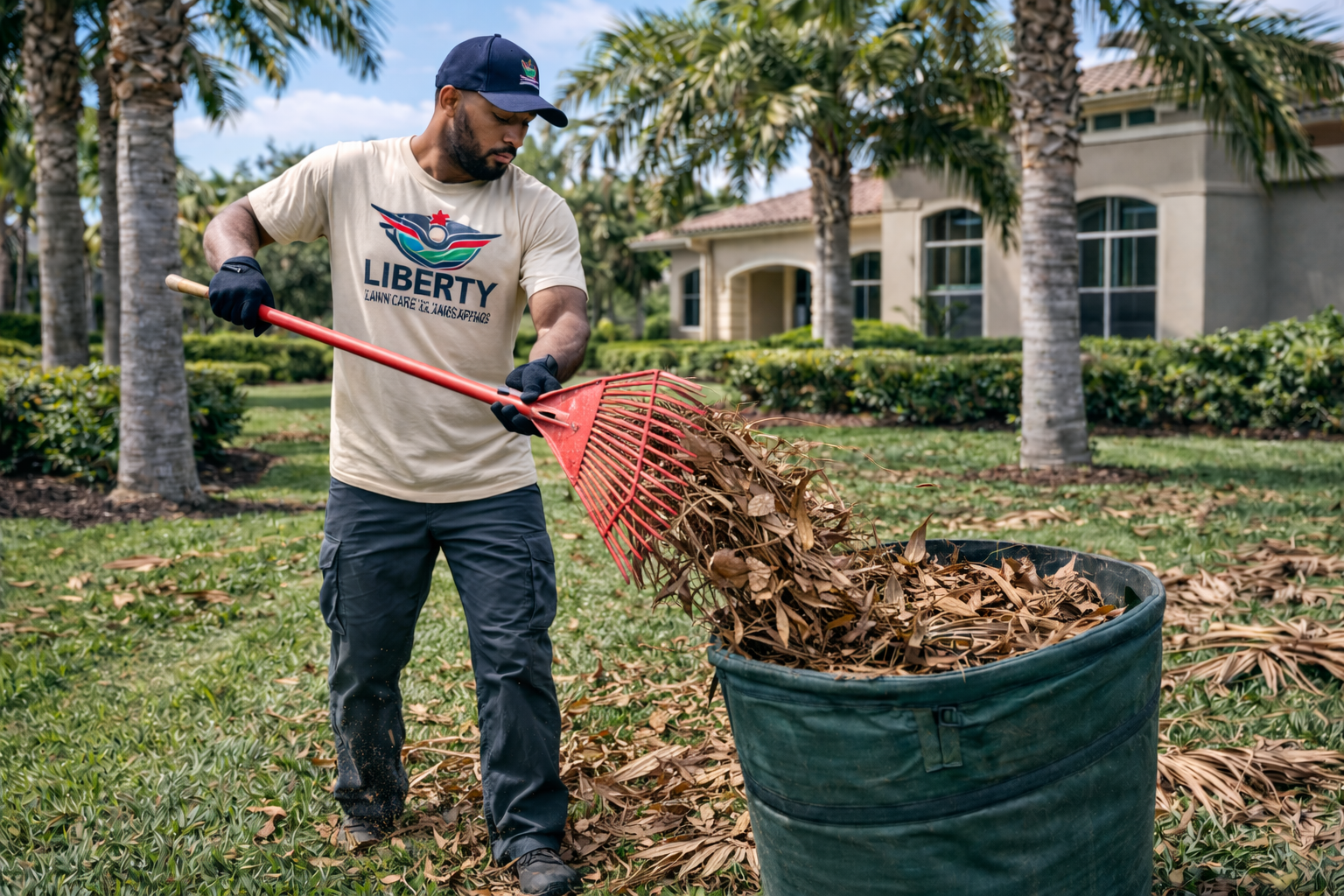 Person raking leaves into a green yard waste bag outside a house with palm trees.